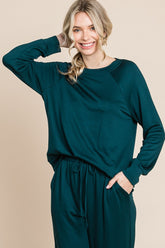 Super Lady Round Neck Raglan Sleeve Top and Drawstring Pants Lounge Set Hunter Green OutfitFlow