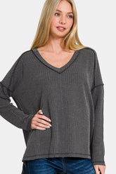 Zenana Texture Exposed Seam V-Neck Long Sleeve T-Shirt Charcoal OutfitFlow