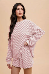 Annie Wear Checkered Round Neck Top and Drawstring Shorts Set Blush Pink OutfitFlow