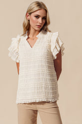 Oh Full Size Frill Notched Flounce Sleeve Blouse Ivory OutfitFlow