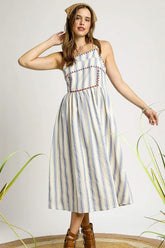 Umgee Striped Colorful Embroidered Trim Cami Dress Light Blue OutfitFlow