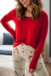 Round Neck Long Sleeve Top and Printed Pants Lounge Set Deep Red OutfitFlow