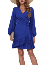 Ruffle Hem Long Sleeve Wrap Dress Blue OutfitFlow
