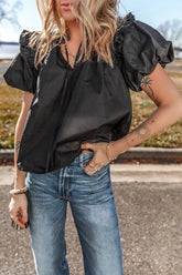 Ruffled Puff Short Sleeve Loose Blouse Black OutfitFlow