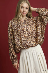 Umgee Leopard Print Balloon Sleeve Blouse LATTE OutfitFlow