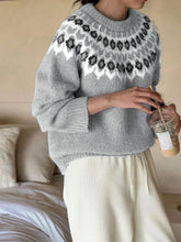 Nordic Fair Isle Pattern Round Neck Sweater Gray OutfitFlow