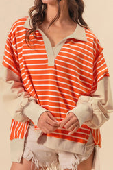 Striped Johnny Collar Long Sleeve Sweatshirt Tangerine OutfitFlow