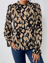 Frill Leopard Mock Neck Flounce Sleeve Blouse Black OutfitFlow