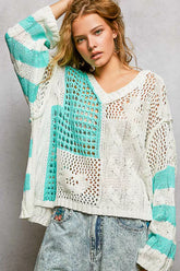 POL Color-Blocked Stripe Pattern Knit Top with Twisted Weave AQUA Trendsi