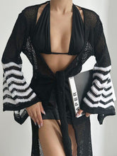 Openwork Striped Flare Sleeve Cover-Up Black One Size OutfitFlow