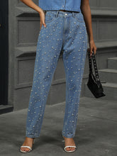 Pearl Detail Straight Jeans with Pockets Dusty Blue OutfitFlow