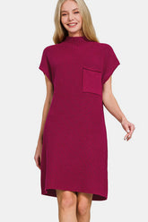 Zenana Mock Neck Short Sleeve Sweater Dress Cabernet OutfitFlow