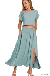 Zenana Heavy Woven Span Crop Tee & Skirt Set BLUE GREY OutfitFlow