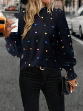 Colorful Heart Print Lantern Sleeve Blouse Navy Blue OutfitFlow