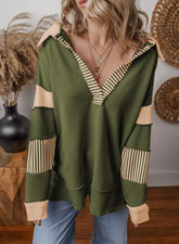 Striped Color Block Long Sleeve Sweatshirt Green OutfitFlow