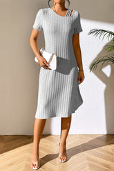 Ivy Lane Ribbed Asymmetrical Neck Short Sleeve Dress Light Gray OutfitFlow