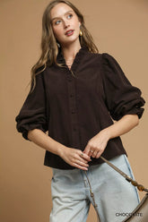 Umgee Corduroy Ruffle Shirt with Long Puff Sleeves CHOCOLATE OutfitFlow