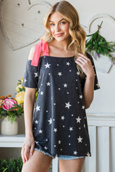 Heimish Full Size Star Print Asymmetrical Neck Short Sleeve Top CHARCOAL OutfitFlow