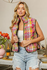 BiBi Quilted Washed Plaid Snap Down Vest Stained Glass OutfitFlow
