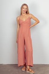 VERY J Sleeveless Ruched Wide Leg Jumpsuit Blush OutfitFlow