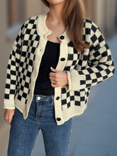 Checkered Button Up Round Neck Cardigan Black One Size OutfitFlow