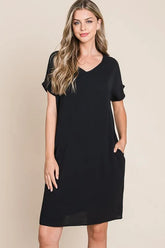 BOMBOM V-Neck Short Sleeve Dress with Pockets Black OutfitFlow
