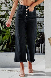 Button Fly Cropped Wide Leg Jeans Black OutfitFlow
