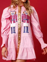 Full Size Christmas Sequin Nutcracker Tiered Shirt Dress Plus Size Pink OutfitFlow