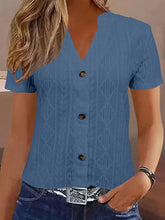 Textured Notched Short Sleeve Blouse Navy Blue OutfitFlow