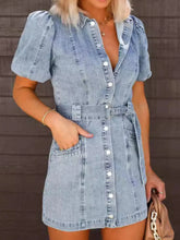 Button-Up Puff Sleeve Denim Shirt Dress Denim Blue OutfitFlow