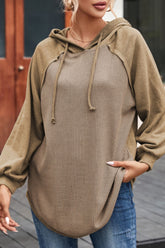 Waffled Knit Exposed Seam Drawstring Hoodie Khaki OutfitFlow