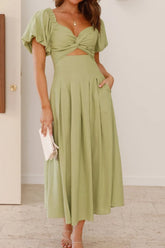 Sweetheart Neck Puff Sleeve Dress Yellow-Green OutfitFlow