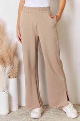 RISEN Wide Waistband Slit Wide Leg Pants Tan OutfitFlow