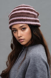 Fuzzy Contrast Striped Thermal Hat Brown Pink One Size OutfitFlow