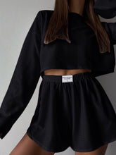 Eyelet Round Neck Top and Shorts Set Black OutfitFlow