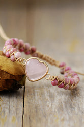 Rose Quartz Heart Beaded Bracelet Dusty Pink One Size OutfitFlow