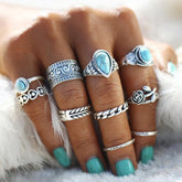 Artificial Turquoise Alloy Ring 10-Piece Set Silver One Size OutfitFlow