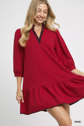 Umgee French Terry Ruffle Hem Dress with Plaid Trim WINE OutfitFlow