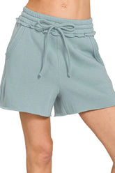 Zenana Fleece Raw Hem Shorts With Draw String BLUE GREY OutfitFlow
