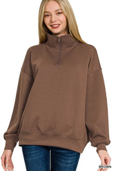Zenana Scuba Quarter-Zip Sweatshirt BROWN OutfitFlow
