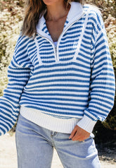 Striped Half Zip Mock Neck Long Sleeve Sweater Pastel Blue OutfitFlow