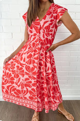 Floral Ruffled V-Neck Midi Dress with Button Front Coral OutfitFlow