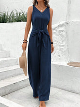 V-Neck Sleeveless Jumpsuit Dark Blue OutfitFlow
