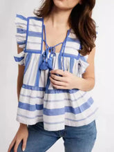 Tassel Ruffled Striped Blouse Blue Stripe OutfitFlow