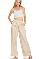 Zenana Double Gauze Elastic Band Pants SAND BEIGE OutfitFlow