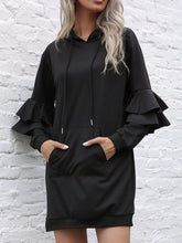 Ruffled Drawstring Long Sleeve Hooded Dress Black OutfitFlow