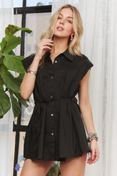 ADORA Solid Cap Sleeve Button Up Shirt BLACK OutfitFlow