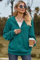 Drawstring Zip Up Dropped Shoulder Hoodie Turquoise OutfitFlow