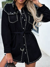Studded Snap Down Long Sleeve Denim Jacket Black OutfitFlow