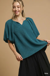 Umgee Textured Flutter Sleeve Notch Neck Top TEAL OutfitFlow